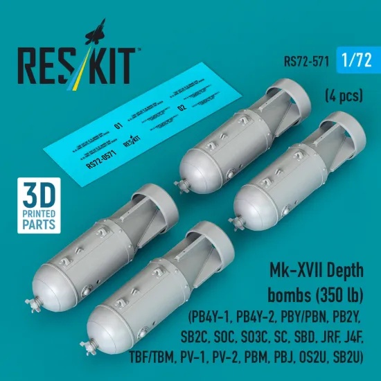 Reskit Rs72-0571 1/72 Mk-xvii Depth Bombs 350 Lb 4 Pcs Resin Kit
