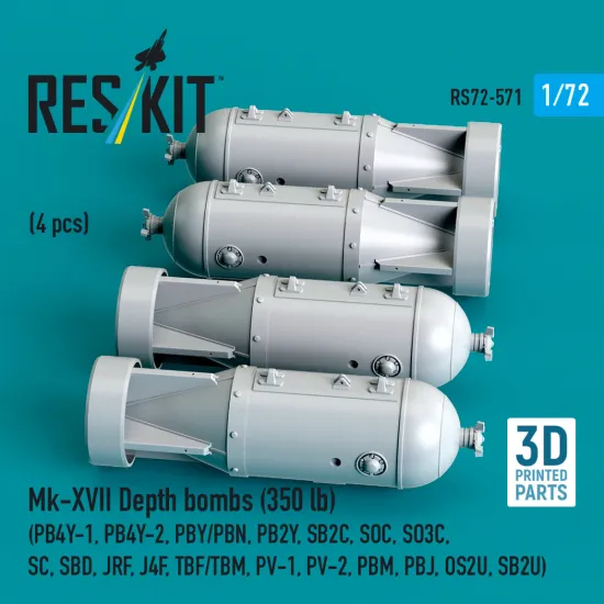 Reskit Rs72-0571 1/72 Mk-xvii Depth Bombs 350 Lb 4 Pcs Resin Kit