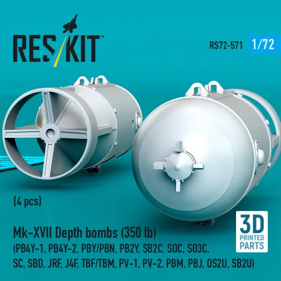 Reskit Rs72-0571 1/72 Mk-xvii Depth Bombs 350 Lb 4 Pcs Resin Kit