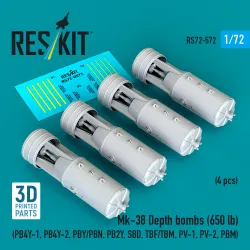 Reskit Rs72-0572 1/72 Mk-38 Depth Bombs 650 Lb 4 Pcs Resin Kit