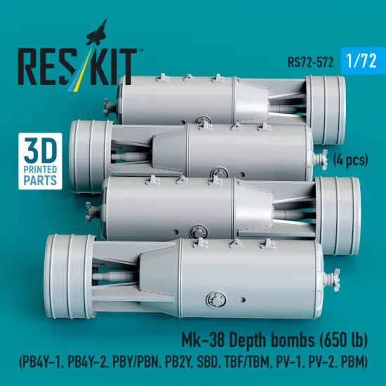 Reskit Rs72-0572 1/72 Mk-38 Depth Bombs 650 Lb 4 Pcs Resin Kit