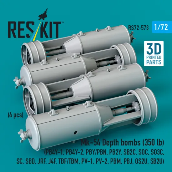 Reskit Rs72-0573 1/72 Mk-54 Depth Bombs 350 Lb 4 Pcs Resin Kit