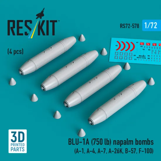 Reskit Rs72-0578 1/72 Blu-1a 750 Lb Napalm Bombs 4 Pcs Resin Kit