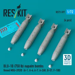 Reskit Rs72-0597 1/72 Blu-1b 750lb Napalm Bombs Finned Mxu-393/B 4 Pcs Resin Kit