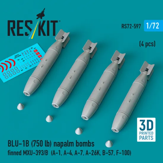 Reskit Rs72-0597 1/72 Blu-1b 750lb Napalm Bombs Finned Mxu-393/B 4 Pcs Resin Kit