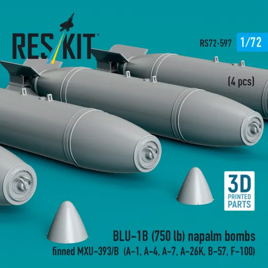 Reskit Rs72-0597 1/72 Blu-1b 750lb Napalm Bombs Finned Mxu-393/B 4 Pcs Resin Kit
