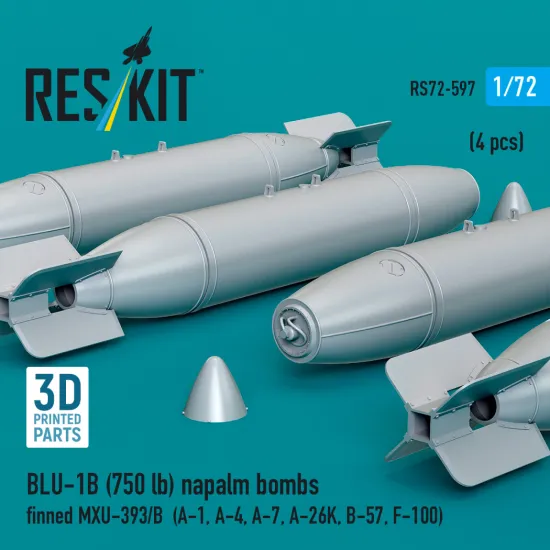Reskit Rs72-0597 1/72 Blu-1b 750lb Napalm Bombs Finned Mxu-393/B 4 Pcs Resin Kit