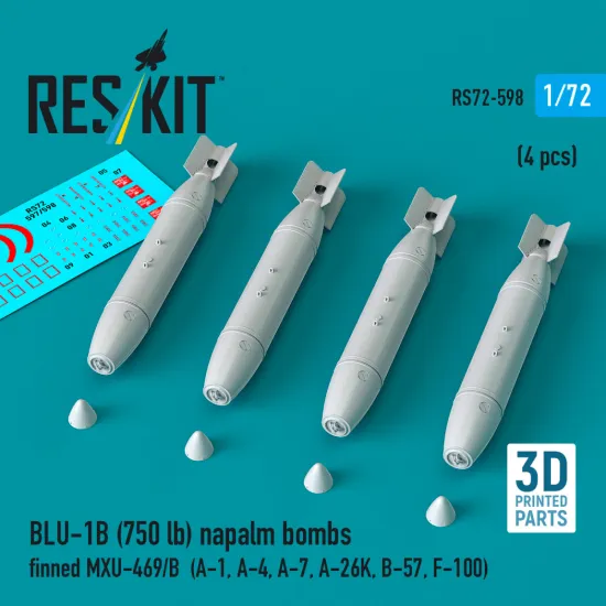 Reskit Rs72-0598 1/72 Blu-1b 750lb Napalm Bombs Finned Mxu-469/B 4 Pcs Resin Kit