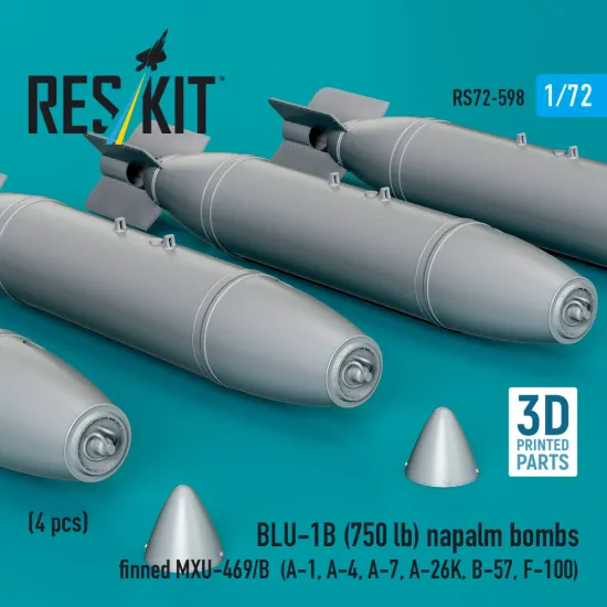 Reskit Rs72-0598 1/72 Blu-1b 750lb Napalm Bombs Finned Mxu-469/B 4 Pcs Resin Kit