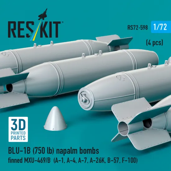 Reskit Rs72-0598 1/72 Blu-1b 750lb Napalm Bombs Finned Mxu-469/B 4 Pcs Resin Kit