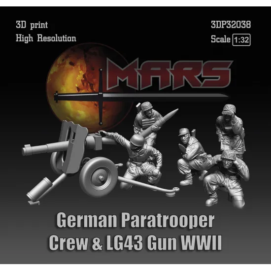 Mars Figures 3dp32038 1/32 German Paratrooper Crew 5 Figures Ww2 And Lg43 Gun Ww2