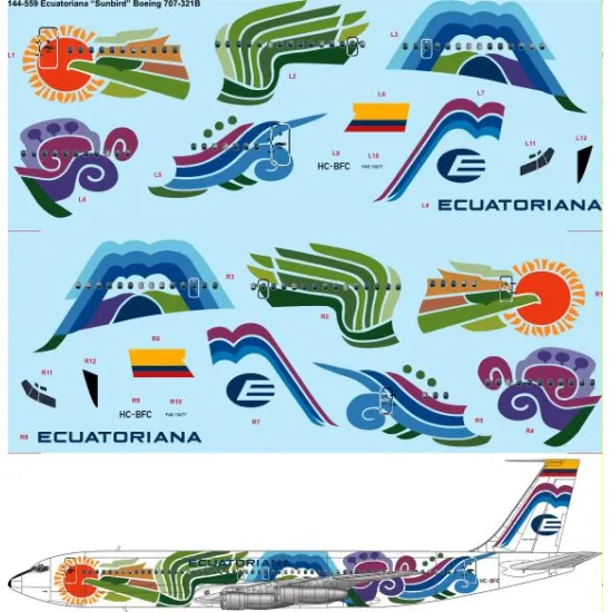 26decals 144-559 1/144 Ecuatoriana Sunbird Boeing 707-320b Laser Decal