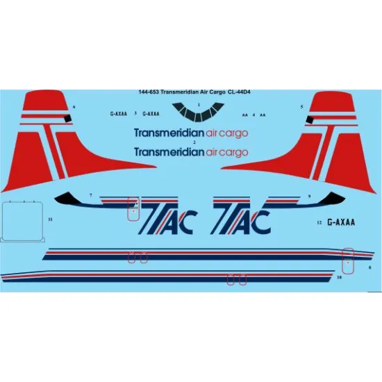 26decals 144-653 1/144 Tac Transmeridian Air Cargo Canadair Cl-44d-4 Laser Decal