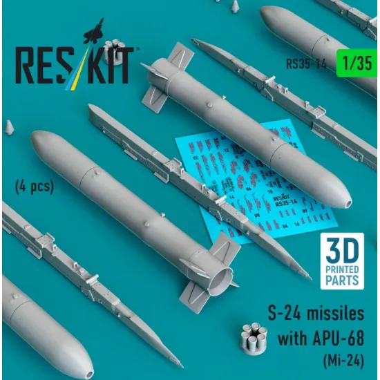 Reskit Rs35-0014 1/35 S-24 Missiles With Apu-68 4 Pcs Mi-24 3d Printed