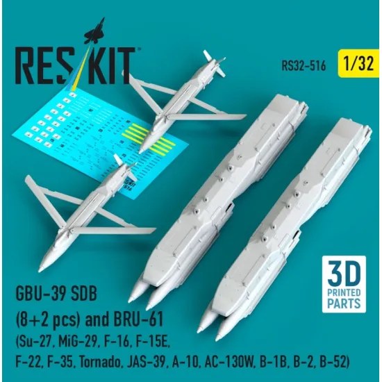Reskit Rs32-0516 1/32 Gbu-39 Sdb 8 Pcs And Bru-61 2 Pcs Su-27 Mig-29 F-16 F-15e F-22 F-35 Tornado Jas-39 A-10 Ac-130w B-1b B-2 B-52 3d Printed
