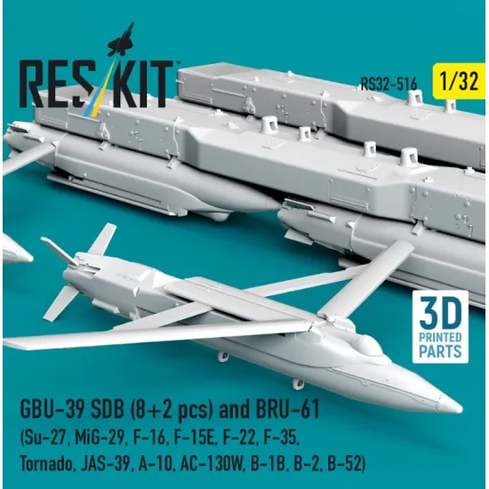 Reskit Rs32-0516 1/32 Gbu-39 Sdb 8 Pcs And Bru-61 2 Pcs Su-27 Mig-29 F-16 F-15e F-22 F-35 Tornado Jas-39 A-10 Ac-130w B-1b B-2 B-52 3d Printed