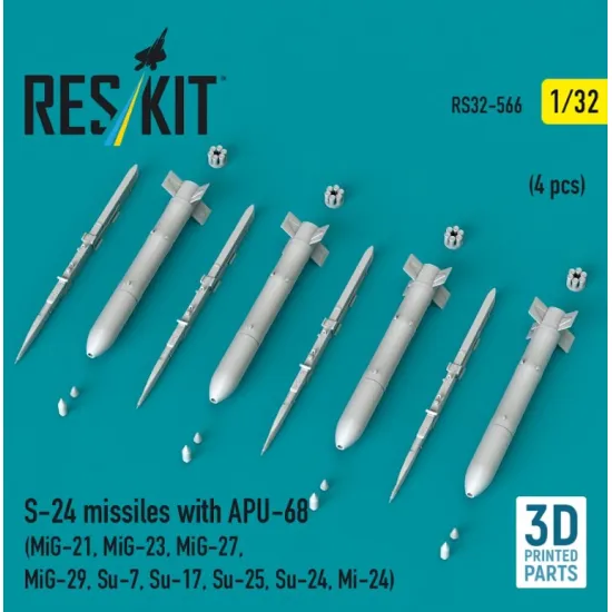 Reskit Rs32-0566 1/32 S-24 Missiles With Apu-68 4 Pcs Mig-21 Mig-23 Mig-27 Mig-29 Su-7 Su-17 Su-25 Su-24 Mi-24 3d Printed