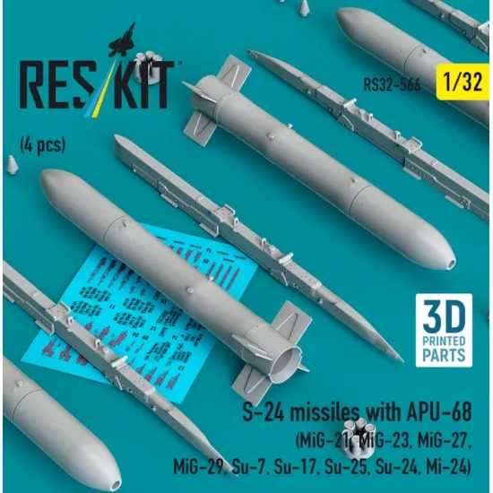 Reskit Rs32-0566 1/32 S-24 Missiles With Apu-68 4 Pcs Mig-21 Mig-23 Mig-27 Mig-29 Su-7 Su-17 Su-25 Su-24 Mi-24 3d Printed
