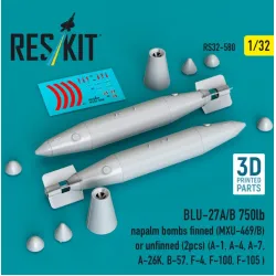 Reskit Rs32-0580 1/32 Blu-27a/B 750lb Napalm Bombs Finned Mxu-469/B Or Unfinned 2 Pcs A-1 A-4 A-7 A-26k B-57 F-4 F-100 F-105 3d Printed