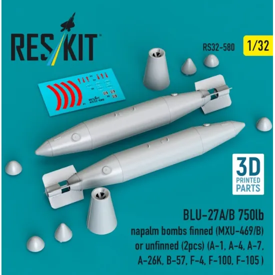Reskit Rs32-0580 1/32 Blu-27a/B 750lb Napalm Bombs Finned Mxu-469/B Or Unfinned 2 Pcs A-1 A-4 A-7 A-26k B-57 F-4 F-100 F-105 3d Printed