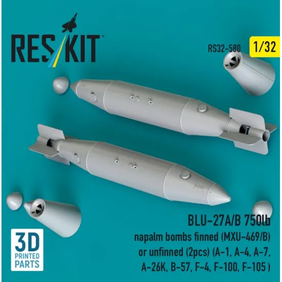 Reskit Rs32-0580 1/32 Blu-27a/B 750lb Napalm Bombs Finned Mxu-469/B Or Unfinned 2 Pcs A-1 A-4 A-7 A-26k B-57 F-4 F-100 F-105 3d Printed