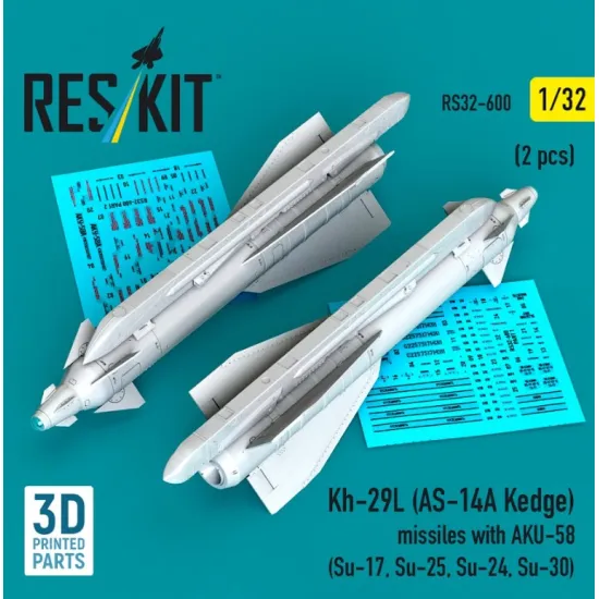 Reskit Rs32-0600 1/32 Kh-29l As-14a Kedge Missiles With Aku-58 2 Pcs Su-17 Su-25 Su-24 Su-30 3d Printed