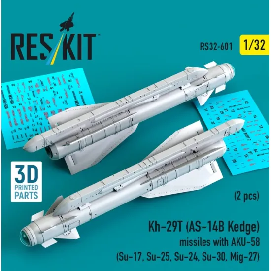 Reskit Rs32-0601 1/32 Kh-29t As-14b Kedge Missiles With Aku-58 2 Pcs Su-17 Su-25 Su-24 Su-30 Mig-27 3d Printed