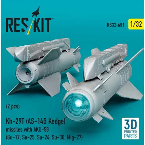 Reskit Rs32-0601 1/32 Kh-29t As-14b Kedge Missiles With Aku-58 2 Pcs Su-17 Su-25 Su-24 Su-30 Mig-27 3d Printed