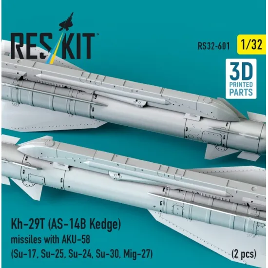 Reskit Rs32-0601 1/32 Kh-29t As-14b Kedge Missiles With Aku-58 2 Pcs Su-17 Su-25 Su-24 Su-30 Mig-27 3d Printed