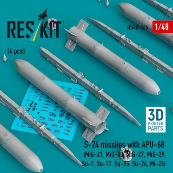 Reskit Rs48-0566 1/48 S-24 Missiles With Apu-68 4 Pcs Mig-21 Mig-23 Mig-27 Mig-29 Su-7 Su-17 Su-25 Su-24 Mi-24 3d Printed