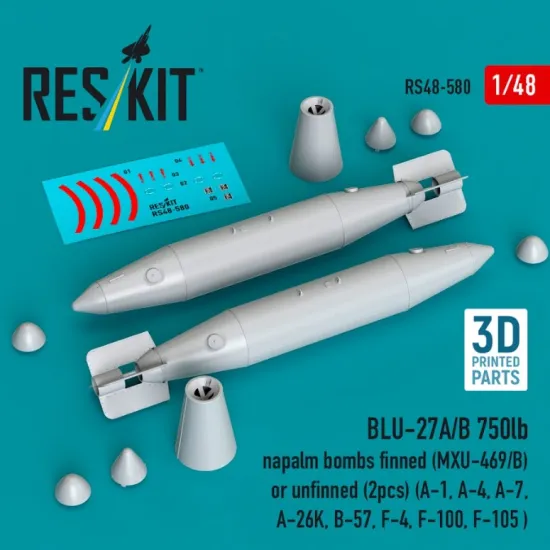 Reskit Rs48-0580 1/48 Blu-27a/B 750lb Napalm Bombs Finned Mxu-469/B Or Unfinned 2pcs A-1 A-4 A-7 A-26k B-57 F-4 F-100 F-105 3d Printed