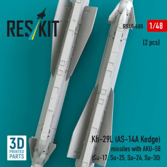 Reskit Rs48-0600 1/48 Kh-29l As-14a Kedge Missiles With Aku-58 2 Pcs Su-17 Su-25 Su-24 Su-30 3d Printed