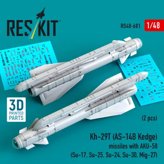 Reskit Rs48-0601 1/48 Kh-29t As-14b Kedge Missiles With Aku-58 2 Pcs Su-17 Su-25 Su-24 Su-30 Mig-27 3d Printed