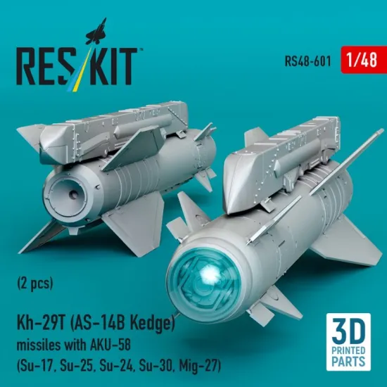 Reskit Rs48-0601 1/48 Kh-29t As-14b Kedge Missiles With Aku-58 2 Pcs Su-17 Su-25 Su-24 Su-30 Mig-27 3d Printed