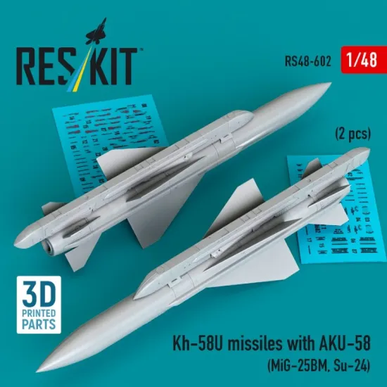 Reskit Rs48-0602 1/48 Kh-58u Missiles With Aku-58 2 Pcs Mig-25bm Su-24 3d Printed
