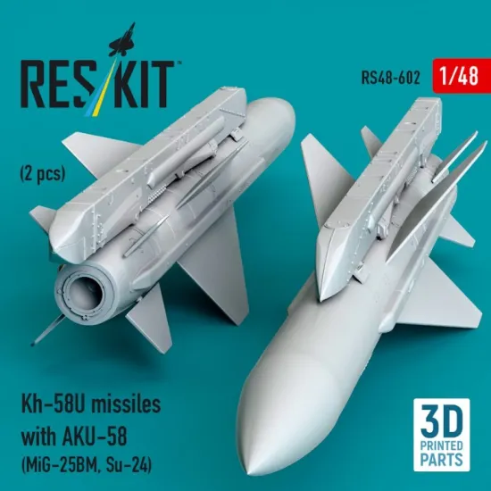 Reskit Rs48-0602 1/48 Kh-58u Missiles With Aku-58 2 Pcs Mig-25bm Su-24 3d Printed