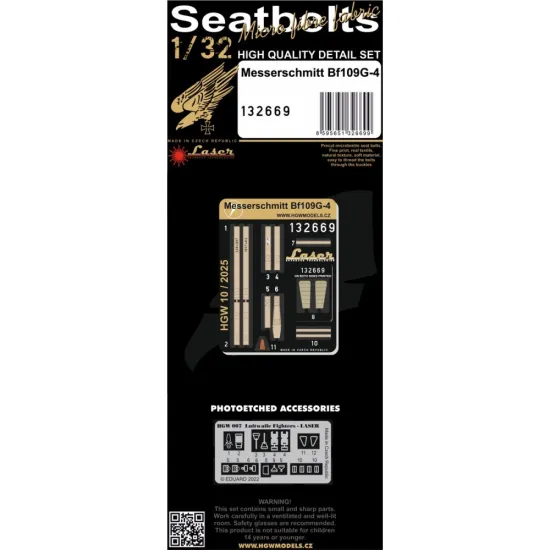 Hgw 132669 1/32 Bf109g-4 Seatbelts Textile And Photo-etched Parts