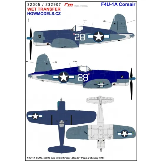 Hgw 232907 1/32 F4u-1a Vf-17 Jolly Rogers Part 3 Wet Decal