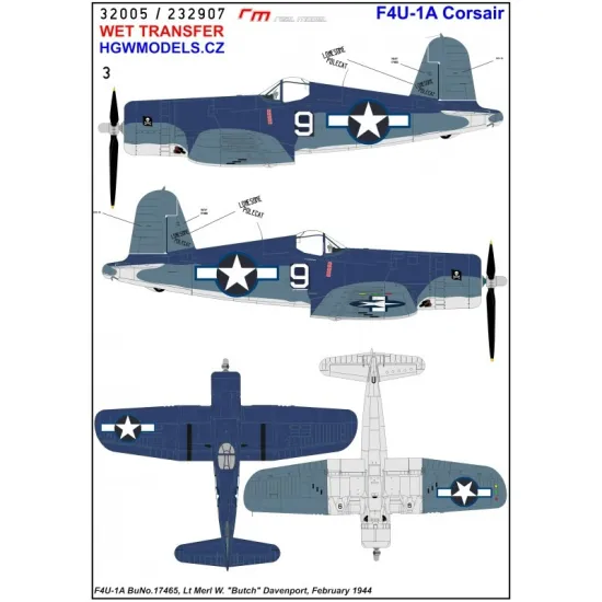Hgw 232907 1/32 F4u-1a Vf-17 Jolly Rogers Part 3 Wet Decal
