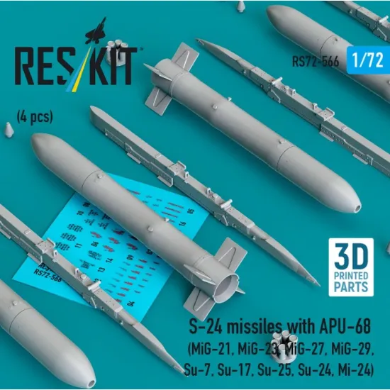Reskit Rs72-0566 1/72 S-24 Missiles With Apu-68 4 Pcs Mig-21 Mig-23 Mig-27 Mig-29 Su-7 Su-17 Su-25 Su-24 Mi-24 3d Printed