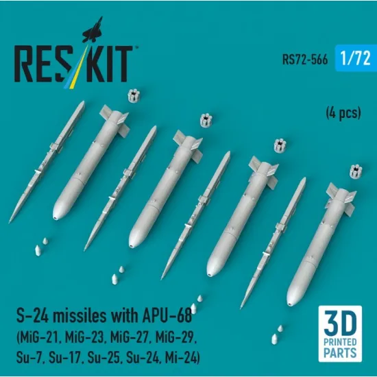 Reskit Rs72-0566 1/72 S-24 Missiles With Apu-68 4 Pcs Mig-21 Mig-23 Mig-27 Mig-29 Su-7 Su-17 Su-25 Su-24 Mi-24 3d Printed