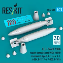 Reskit Rs72-0580 1/72 Blu-27a/B 750lb Napalm Bombs Finned Mxu-469/B Or Unfinned 2pcs A-1 A-4 A-7 A-26k B-57 F-4 F-100 F-105 3d Printed