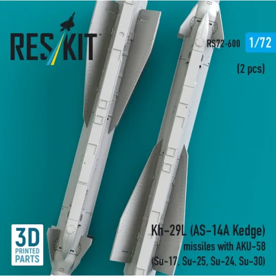 Reskit Rs72-0600 1/72 Kh-29l As-14a Kedge Missiles With Aku-58 2 Pcs Su-17 Su-25 Su-24 Su-30 3d Printed