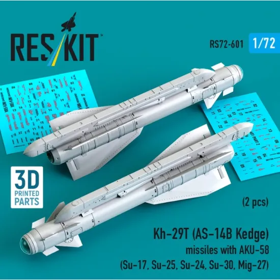 Reskit Rs72-0601 1/72 Kh-29t As-14b Kedge Missiles With Aku-58 2 Pcs Su-17 Su-25 Su-24 Su-30 Mig-27 3d Printed
