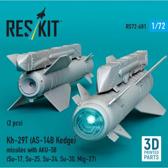 Reskit Rs72-0601 1/72 Kh-29t As-14b Kedge Missiles With Aku-58 2 Pcs Su-17 Su-25 Su-24 Su-30 Mig-27 3d Printed