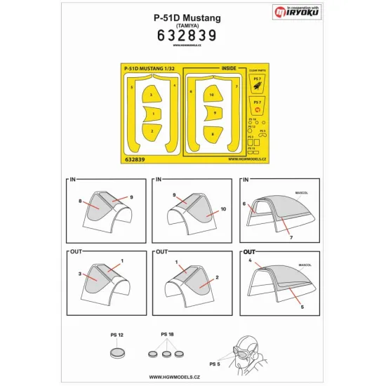 Hgw 632839 1/32 Masks For P-51d Mustang For Tamiya