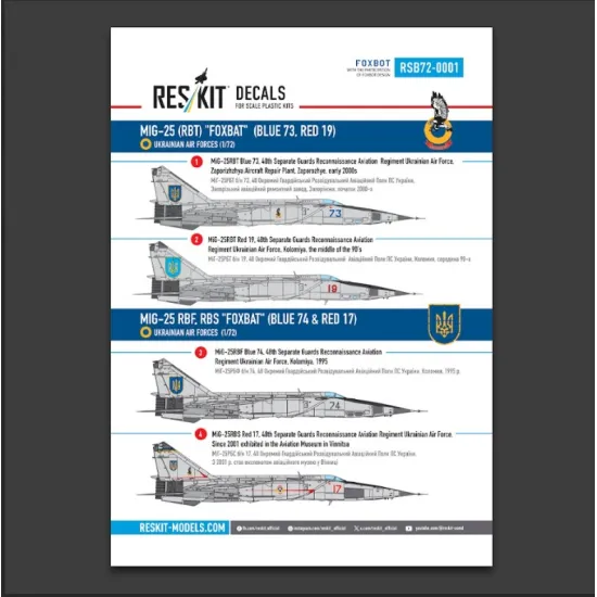 Reskit Rsb72-0001 1/72 Mig-25 Rbt Rbf Rbs Foxbat Blue 73 Blue 74 Red 17 Red 19 Ukrainian Air Forces Decals With Stencils