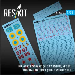 Reskit Rsb72-0002 1/72 Mig-25pds Foxbat Red 17 Red 87 Red 89 Ukrainian Air Forces Decals With Stencils