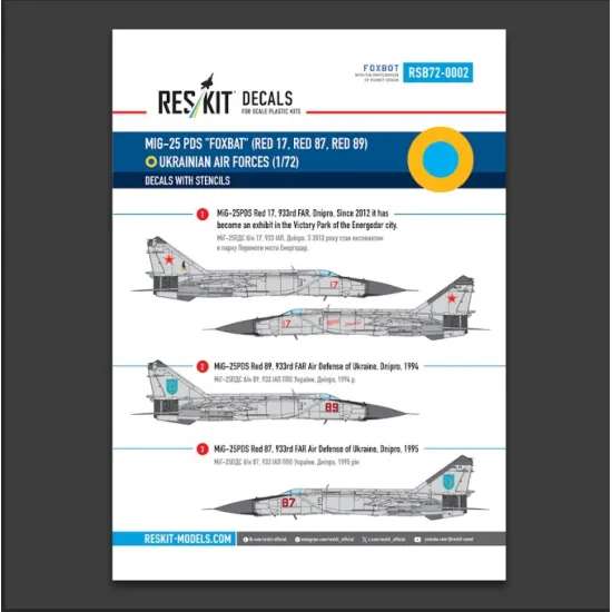 Reskit Rsb72-0002 1/72 Mig-25pds Foxbat Red 17 Red 87 Red 89 Ukrainian Air Forces Decals With Stencils