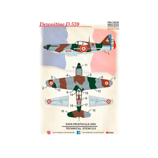 Print Scale Psm72016 1/72 Dewoitine D 520 Mask Decal